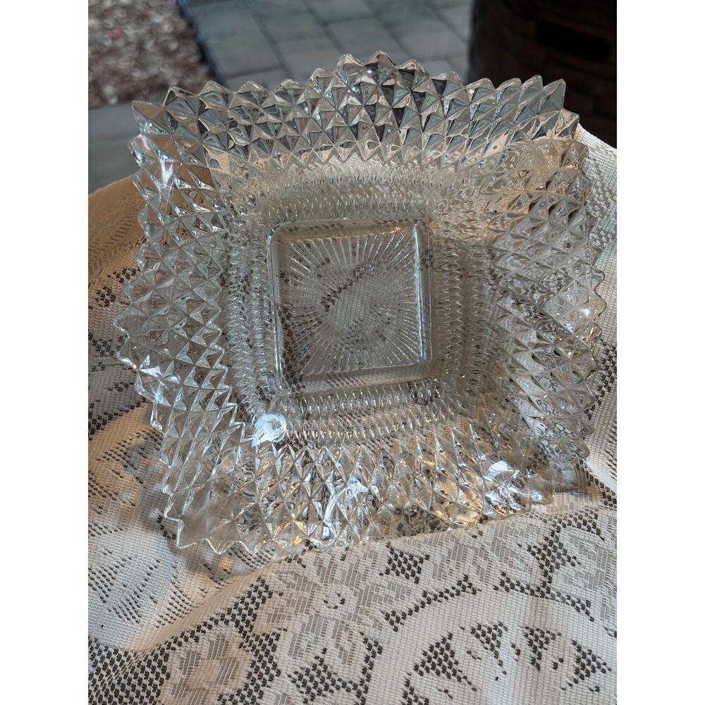 Vintage Indiana Glass Diamond Point Square Candy Dish Mid Century American